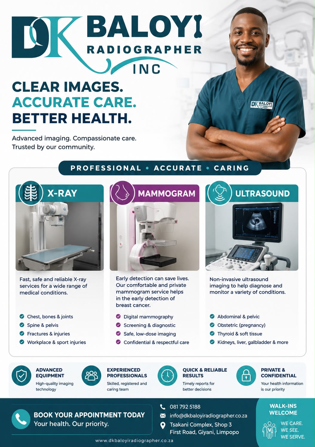 DK Baloyi Radiographer Inc — Clear images, accurate care, better health. X-ray, mammogram and ultrasound services in Giyani, Limpopo.